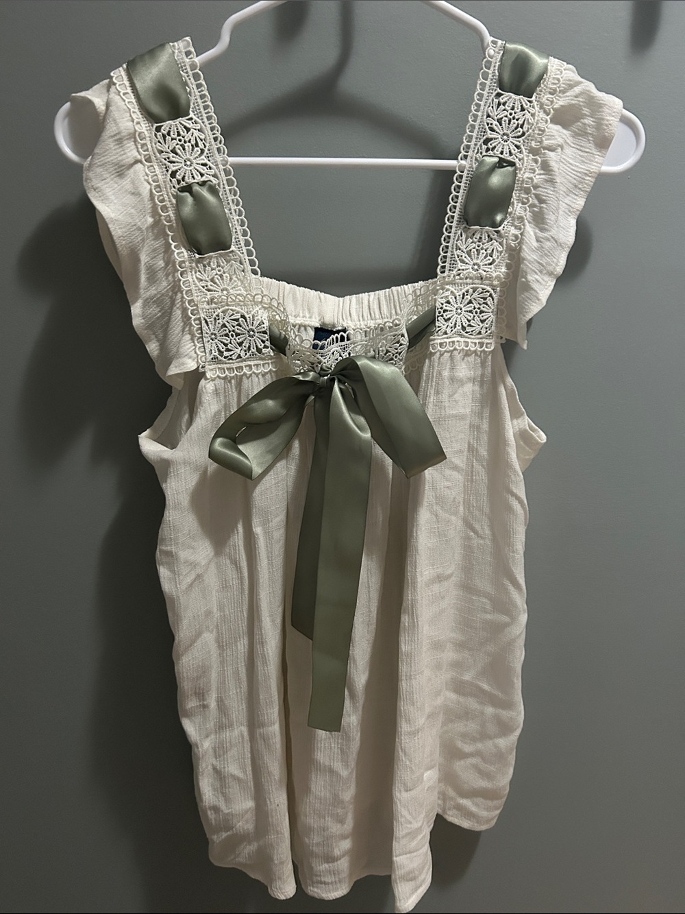 Daytrip Cream Ruffle Tank with Sage Green Satin Ribbon